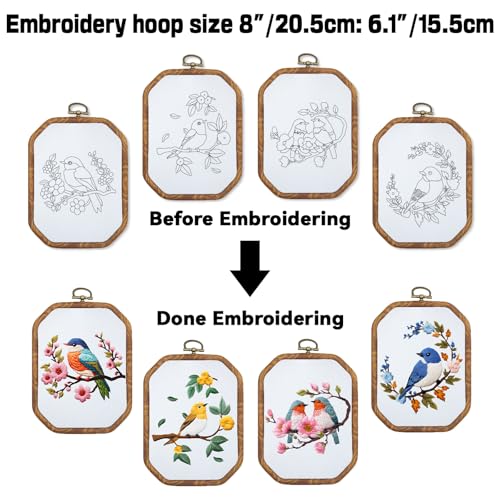 Image of ORIGACH 4 Set Embroidery Kit for Beginners Adults, DIY Hummingbird and Flower Embroidery Starter Kit with Stamped Patterns Instructions Embroidery Hoop Needles Threads for Crafting