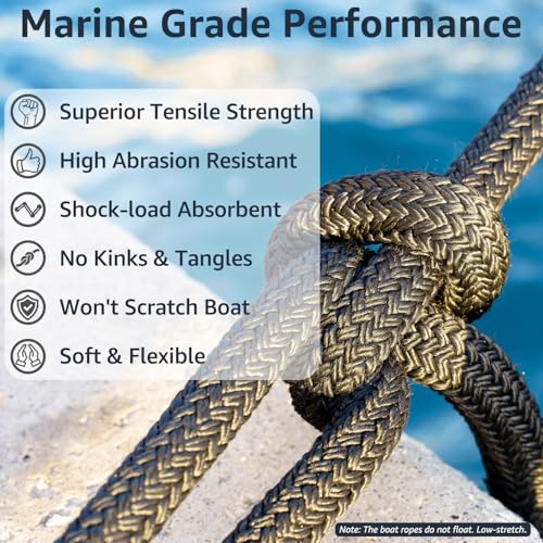 PACTHSD 4 Pack 1/2" x 6' Boat Fender Lines - Marine Grade Nylon Boat Rope with 10" Loop for Tying Fenders and Docking Small Boats - Double Braided Dock Lines, Easy Handling, Fray Resistant - Black by PACTHSD - Image 7