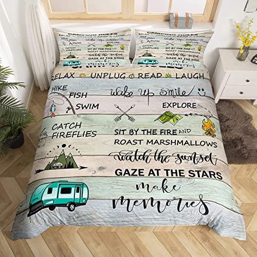 Camping Rules Comforter Cover Camping Bedding Set Camper Decor,Lodge Cabin Duvet Cover Wooden Plank Camp Travel Car Queen Bed Set,Happy Glamping Trailer Cottage Camfire Tent Rustic Home Deco