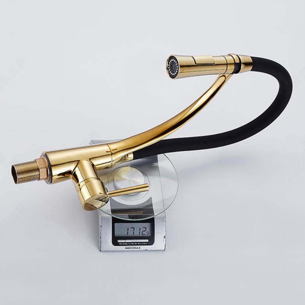 Miscelatore da cucina allungabile in oro e nero con doccetta estraibile, rubinetto da cucina monocomando girevole a 360° in ottone