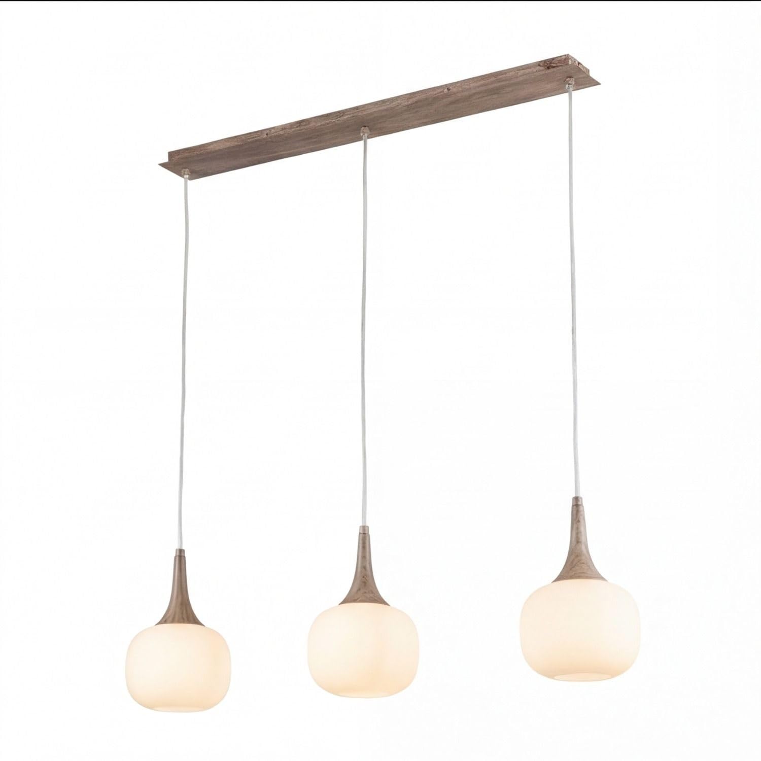 Lámpara colgante para mesa alargada moderna de vidrio y madera regulable en altura L:97 cm de tres luces E14 antideslumbrante ideal para sala de estar y comedor estilo escandinavo