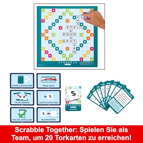 MATTEL GAMES Scrabble Zwei in Eins - Doppelseitiges Brettspiel für schnelles, zwangloses und kooperatives Spiel, inklusive 50 Zielkarten für Scrabble Together, einfache Punktevergabe, HWD45 – Bild 5