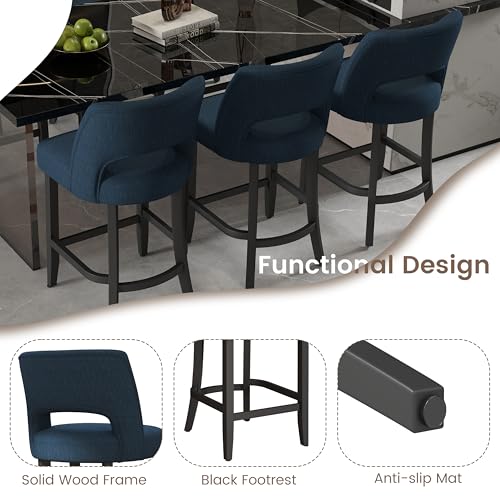 Image of VKNOW Bar Stools Set of 6, 26 inch Upholstered Counter Height Bar Stools | Modern Counter Stools with Black Rubberwood Legs for Kitchen Island Dining Room Bar, Blue-Black Legs