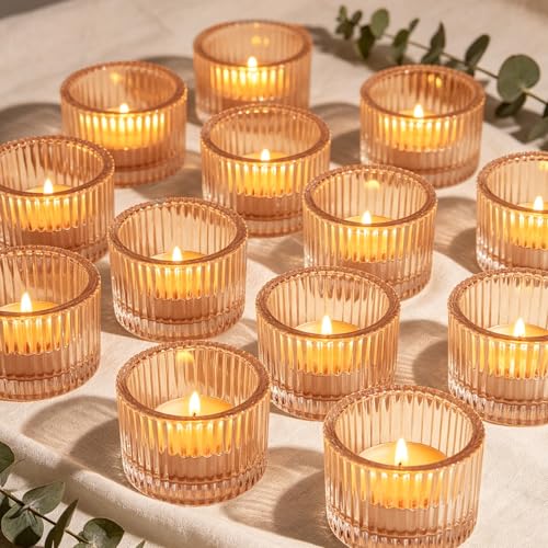 Filltown 12 Stück Teelichthalter Gold Vintage Kleine Teelichtgläser 5.2cm x 3.5cm Goldene Teelichter Glas Teelicht Kerzengläser für Hochzeit Geburtstagsparty Home Decoration