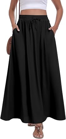 Yincro Womens Maxi Flowy Pleated Skirt Elastic High Waisted Casual Trendy Long Skirts with Pockets