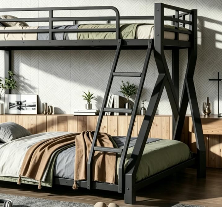 Close-up view of the bunk bed ladder and side frame connection