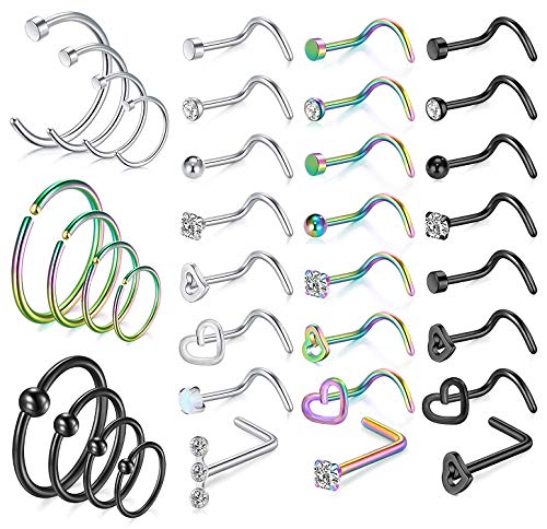 Kridzisw 20G Nose Rings Studs Hoop For Women 20Gauge Stainless Surgical Steel L Shaped Nose Studs Screw Spiral Corkscrew Curved Nose Nostril Ring Hoop Nose Piercing Jewelry Men Silver Black Colorful #TOP2