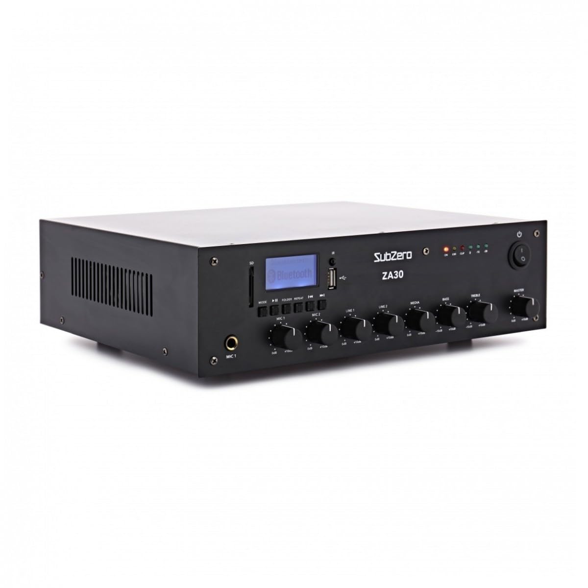 Subzero Amplificador de audio estéreo de 100 V con Bluetooth y USB, 30 W | Control remoto para ajuste de distancia, 30W RMS fiable para locales pequeños-medianos, salida de línea 100V