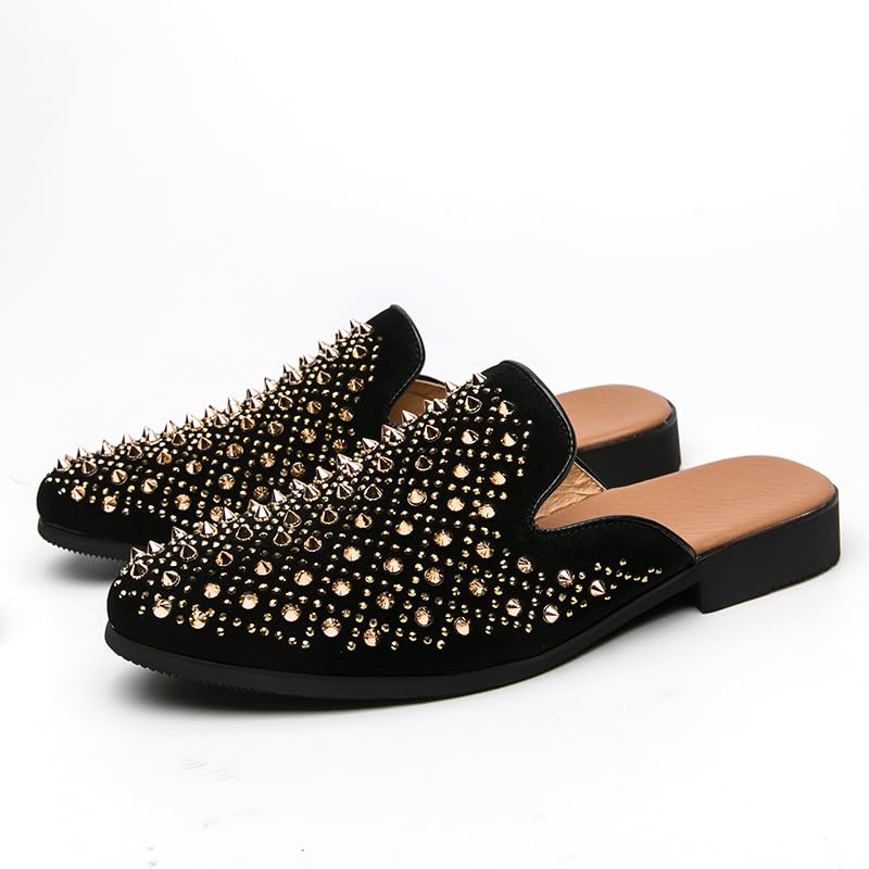 Men's Leather Smoking Slippers Velvet Slip On Loafers Fashion Backless Mule Clogs Anti-Slip Sandals Slides for Men and Women Designer Spikes Rivets Luxury Dress Wedding Party Prom Shoes2