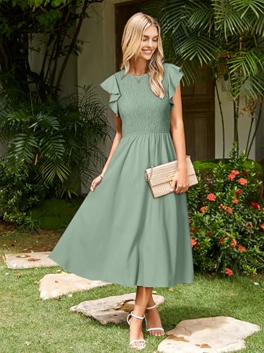 Image of Simplee Womens Striped Midi Summer Dress Linen Smocked Flutter Short Sleeve Dress Flowy Casual Dress with Pockets