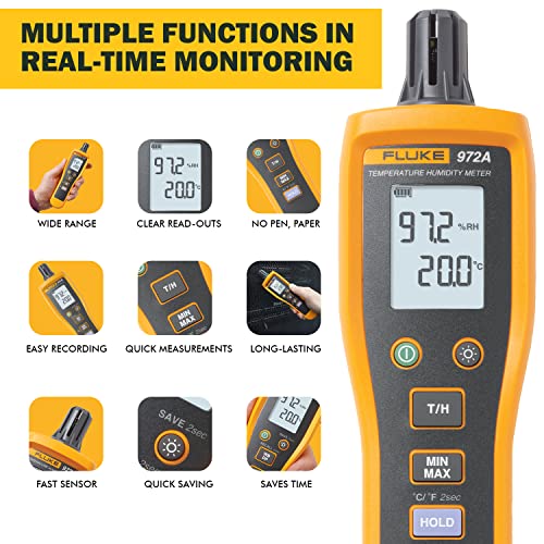 Image of Fluke 972A - Digital Temperature Humidity Meter, (Thermo-Hygro Meter), with Large Backlit LCD Display, Min-Max & Data Hold, Portable, Handheld Meter with 1 Year Replacement Warranty from Fluke