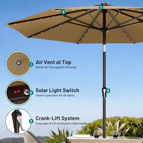 Image of AreShark 9FT Patio Umbrella with Solar Lights, 32 Lighted Pool Umbrella w /Tilt and Crank, Outdoor Market Solar Umbrellas for Garden, Deck, Backyard, Pool and Beach, Khaki