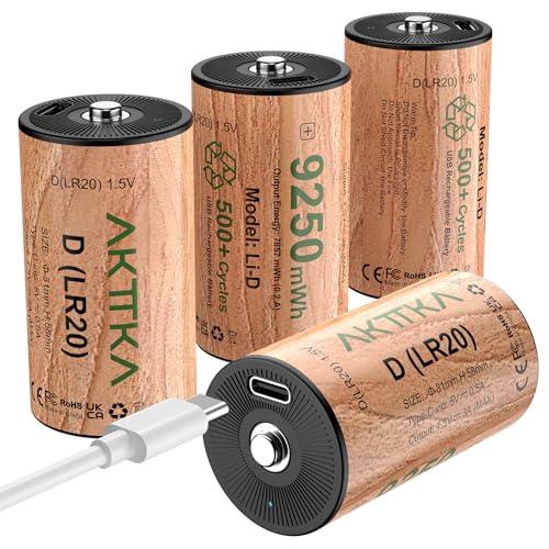 AKTTKA 単1電池 充電式4本セット、1.5V 9250mWh LR20 リチウムイオン電池、USB-C同時充電ケーブル付き、キャンプランプ・ラジコン・懐中電灯対応