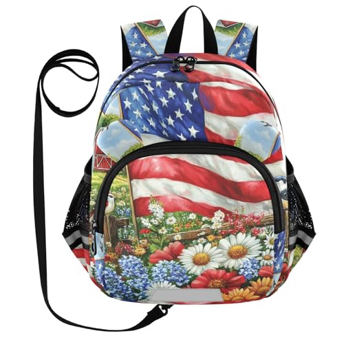 Eagle Flag Bird Flowers Toddler Harness Backpack for Boys Girls 3-6 Years Kids Backpack with Anti Lost Safety Leash Baby Travel Bag for Preschool Travel Walking