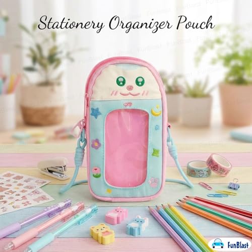 Image of FunBlast Pencil Pouch for Kids, Girls - Large Capacity Multipurpose Stationery Zipper Pouch with Hanging Strap for Kids & Adults, Kawaii Aesthetic Pencil Case Organizer for Girls (Pink-)