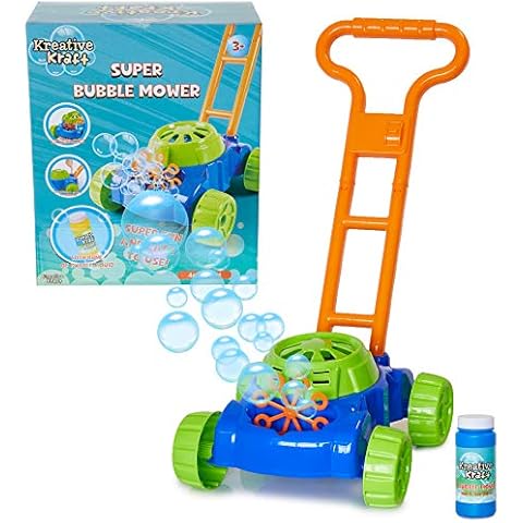 KreativeKraft Lawn Bubble Mower Push Along Toy Lawnmower For Kids And Toddlers With Bubble Machine Soapy Solution Included | Gift Idea For Children From Age 5 | Garden Play Tools And Accessories Cover