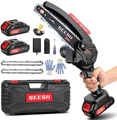 6-inch Mini ChainSaw, Seesii Cordless Chainsaw with 2x 2.0Ah Batteries Auto-oil System One-Handed Electric Chain Saw, Pruning Chainsaw for Wood Cutting Garden Logging Trimming Branch