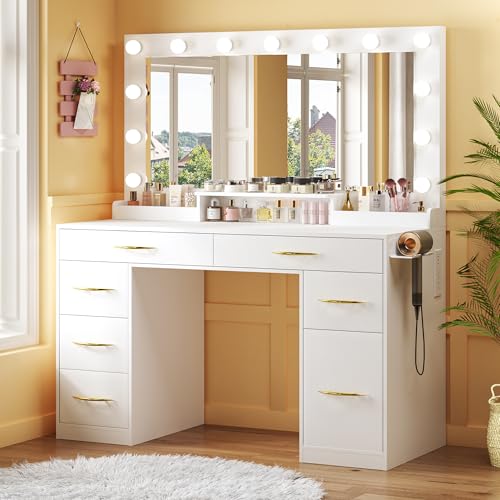 ALEXNUTRE Vanity Desk with Mirror and Lights, Makeup Vanity with Outlets & Large Mirror & 6 Drawers,White Vanity with 3-Color Adjustable Lighting, Makeup Vanity for Bedroom