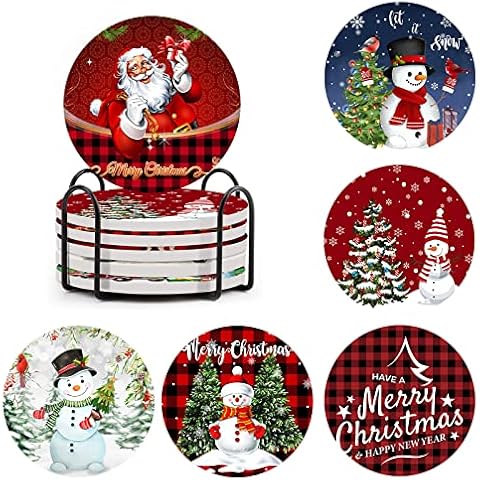 ZHDOKA 6PCS Christmas Drink Coasters with Holder, Absorbent Ceramic Snowman Coasters for Wooden Table, Round Coasters with Cork Base for Drinks Cover