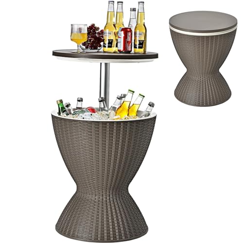 COSTWAY Table Glacière 30L pour Jardin 2 en 1 avec Plateau Relevable, Seau à Glace Imitation Rotin pour Cocktails Bière Convient aux Piscines Terrasses, Ø...