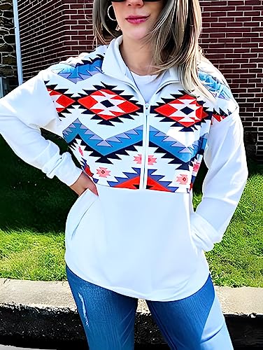 Fronage Women's Half Zip Sweatshirt Western Aztec Sweater, Casual Long Sleeve Mexico Ethnic Graphic Pullover Tops White, Xl #TOP2