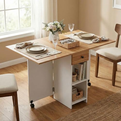 Image of FFO Folding Dining Table for Small Spaces | Compact Table with Drawer & Storage Shelves | Red Oak & White Finish | 120 x 72 x 75 cm | DIY.