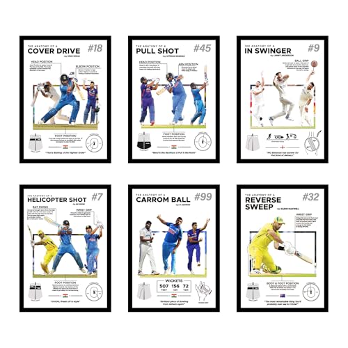 Image of CodersParadise - Cricket Stars Wall Poster Frames - Pack Of 6 | 8 x 12cm (A4 Size) | Aesthetic Artwork Framed Posters | Framed Posters For Living Room, Bedroom, Home And Office
