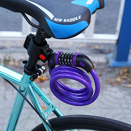 Bike Locks, Huiyufei Bicycle Lock High Security 5 Digit Resettable Combination Core Steel Wire Bike Lock Cable For Bike Outdoors,4 Feet X 1/2 Inch (Purple) #TOP4