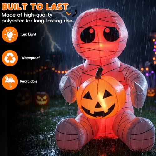 4FT Halloween Inflatable Cut Mummy Holding Pumpkin Blow up Yard Decoration - image 6