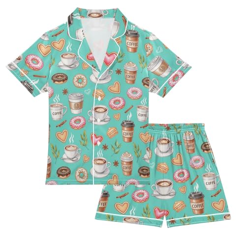 Satin Pajama Sets Short Sleeve Coffee Donuts Treats Pattern Button Down Silky Nightwear 2 Piece PJS 5-14Y