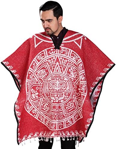 Authentic Mexican Poncho Reversible Cobija Blanket - Aztec Calendar (Red)