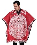 Authentic Mexican Poncho Reversible Cobija Blanket - Aztec Calendar (Red)