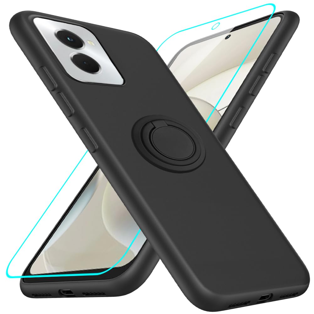 Compatible for Motorola Moto G Power 2024 5G Phone Case with Glass Screen Protector, 360° Rotatable Ring Holder Kickstand/Stand Shockproof Protective Cover Case for Moto G Power 2024 5G - Black