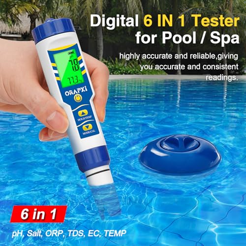ORAPXI Pool Salt Tester Salinity Meter 6 in 1- Salt Ph ORP TDS EC Temp Meter pH Meter for Pool Salt pH ORP Tester pH and EC Tester for Hydroponics, Saltwater Pool, Hot Tubs, Aquarium
