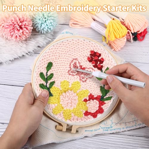 Image of Mowouhn Punch Needle Kit for Adults Beginner,Floral Leaf Punch Needle Embroidery Starter Kits,Include Instructions, Pattern, Yarns,Embroidery Hoops for Handmade Crafts White Elephant Gifts DIY