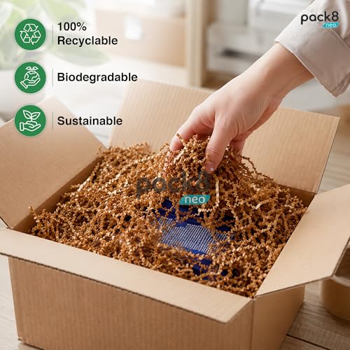 Image of Pack8neo Shredded Paper Cutting For Giftpacking, Hampers, Gift Baskets & Boxes, 500g | Sustainable grass paper, Crinkle Cut filler, Gift Packaging Protection & Recyclable decoration material, Brown
