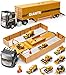 GeyiieTOYS 30 Stücke Baufahrzeug Spielzeug Set 6 Fahrzeuge mit 1 Lastwagen LKW Beton-LKW Gabelstapler Kipper Bulldozer Bagger Set Baustellenfahrzeuge Geschenkset für Kinder Jungen ab 3 Jahre