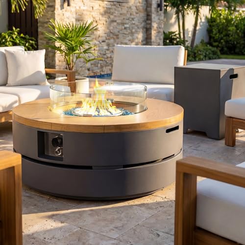 UPHA 38-inch Outdoor Patio Propane Gas Fire Pit Table 50000 BTU Concrete Round Firepit with ABS Tank Hidden Table, Wind Guard, Blue Glass Rocks, Rain Cover, Dark Grey Natural Wood Finish
