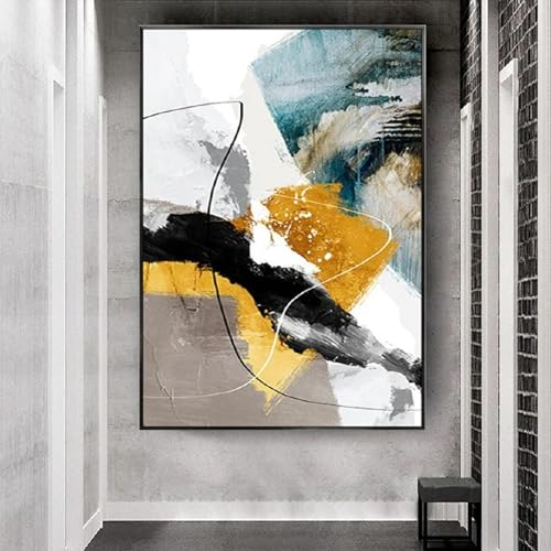 Peinture à l'huile abstraite or et bleu ZMFBHFBH grand format avec cadre noir