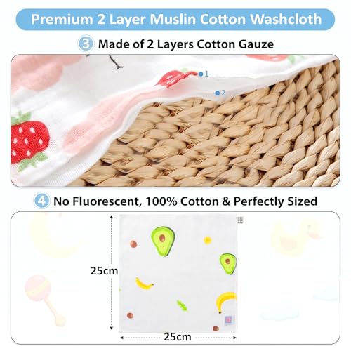 Image of GLUN 25x25cm Newborn Baby Muslin Cotton Towels Pack of 5, 2-Layer Soft Washcloth Hankies, Reusable Face Cloths for Infant Feeding, Cleaning & Bath, Skin Friendly, Printed