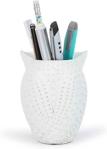 Miniatura 3 de HDMbigmi Portalápices de búho para maquillaje, organizador de escritorio de resina para oficina, escuela y hogar (blanco)