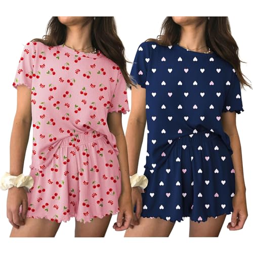 Image of Ekouaer 2 Packs Women Pajama Set Short Sleeve Sleepwear Soft Top and Shorts | Casual Pjs Outfits Ribbed Knit Lounge Set with Pockets