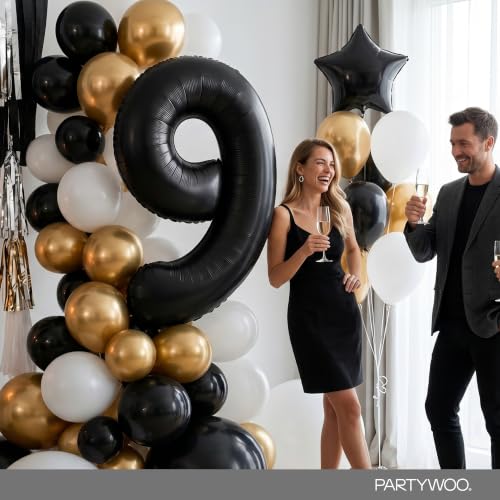 Image of PartyWoo Black Number 9 Balloon 40 Inch 25pcs Black Foil Star White Gold