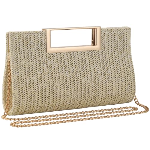Image of Women's Straw Raffia Clutch Purse, Top Handle Woven Handbag with Crossbody Strap, Summer Beach Shoulder Bag