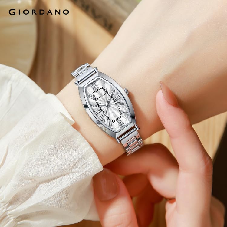 Image of Giordano Silver Oval Shape Dial Watch for Women - Elegant Roman Numerals, Stainless Steel Strap, Sleek Analog Design