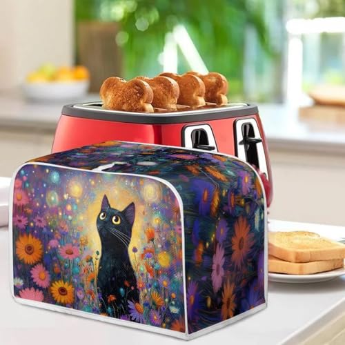 Image of Talayituse Black Cat Daisy Print 4 Slice Toaster Dust Covers Kitchen Small Appliance Cover, Thanksgiving Stain Resistant Dust Protection Bread Machine Cover with Top Handle, M