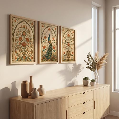 Image of NoWorries Peacock Wall Art Set of 3 Framed Prints | Indian Traditional Floral Botanical Painting, Royal Peacock & Bird Poster, Vintage Rajasthani Ethnic Wall Decor for Living Room Bedroom Home (Synthetic Engineered Wooden Frame) (MIN -12, 13x17 inches)