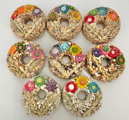 8-Pack Hanging Bird Seed Ornaments w/ 100% Edible Flowers & Wheat Stalks Circle Shape 3 Seed Blends Included 100% Edible (Safe for Bird Consumption)