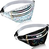 2 Pieces Holographic Fanny Pack Metallic Color Sport Waistbag for Women Men Kids (Diamond Holographic Sliver and Black)