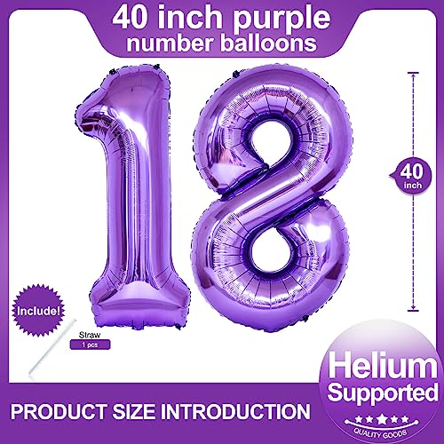 Image of Number 18 Purple Balloons 40 Inch Giant Purple 18 Number Foil Helium Balloons for 18th Purple Birthday Party Supplies 18th Anniversary Events Decorations